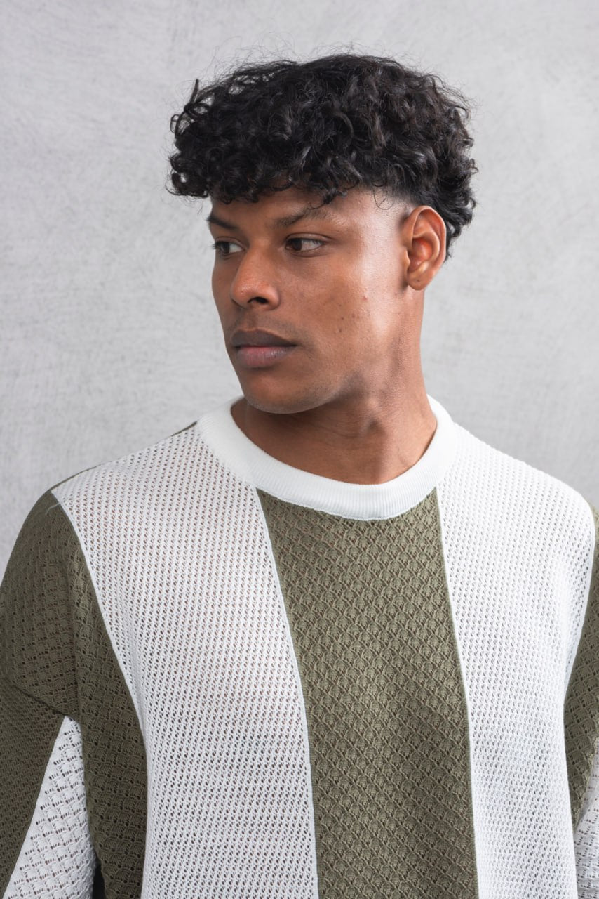 Oversize Textured Panel Cotton Tee – Vertical Striped Design