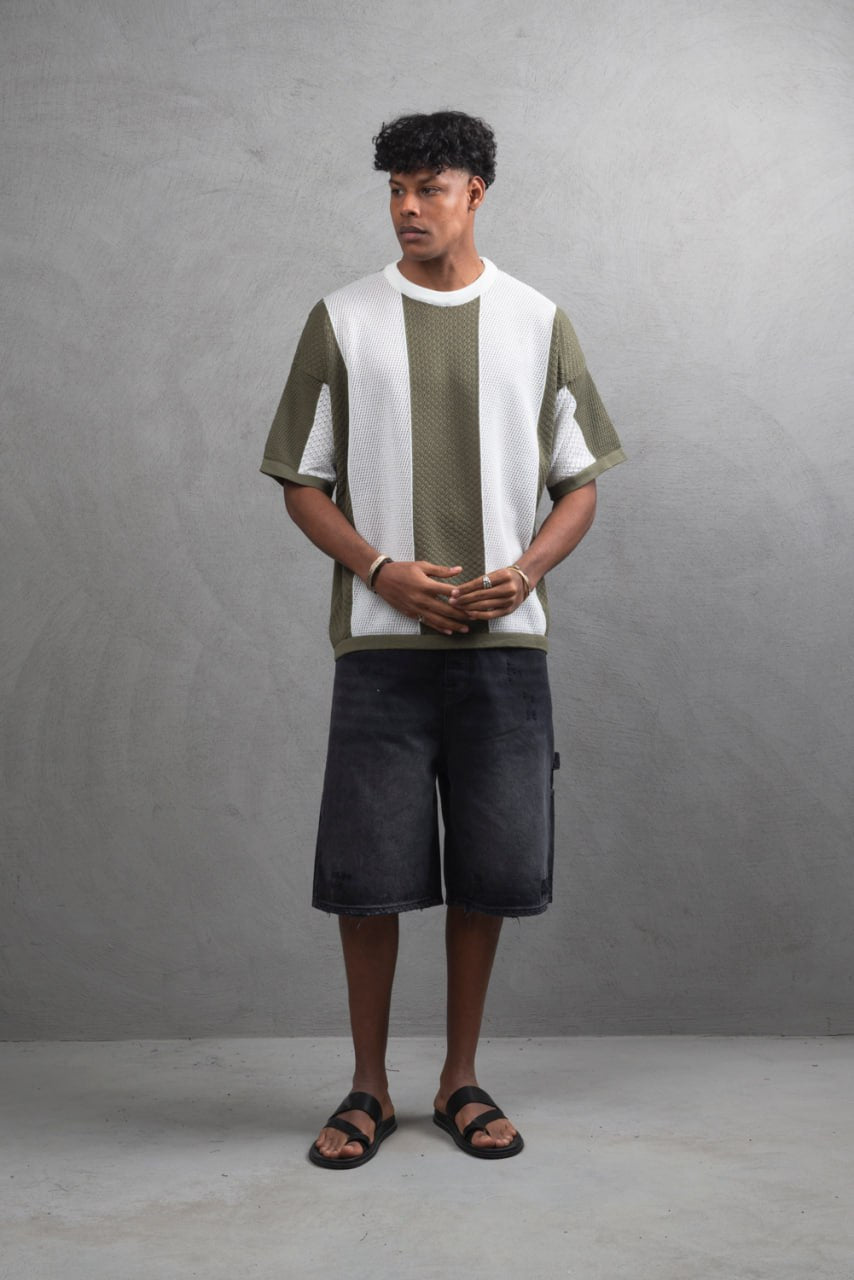 Oversize Textured Panel Cotton Tee – Vertical Striped Design