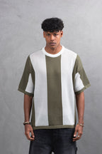 Oversize Textured Panel Cotton Tee – Vertical Striped Design