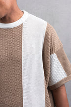 Oversize Textured Panel Cotton Tee – Vertical Striped Design