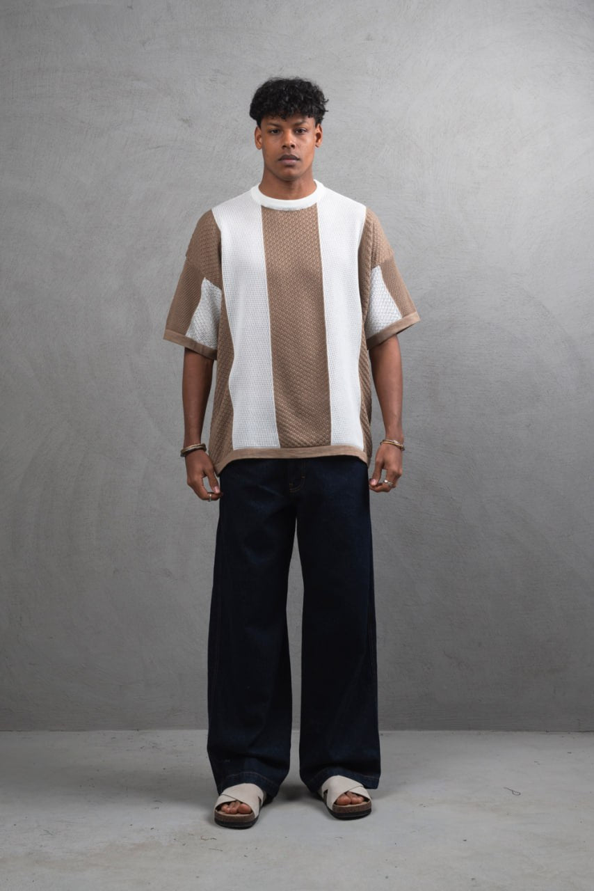 Oversize Textured Panel Cotton Tee – Vertical Striped Design