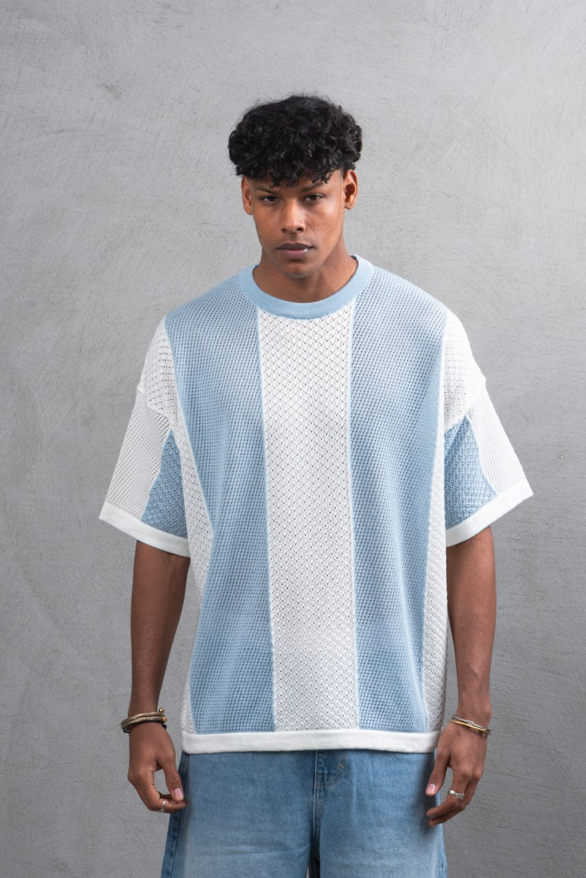 Oversize Textured Panel Cotton Tee – Vertical Striped Design
