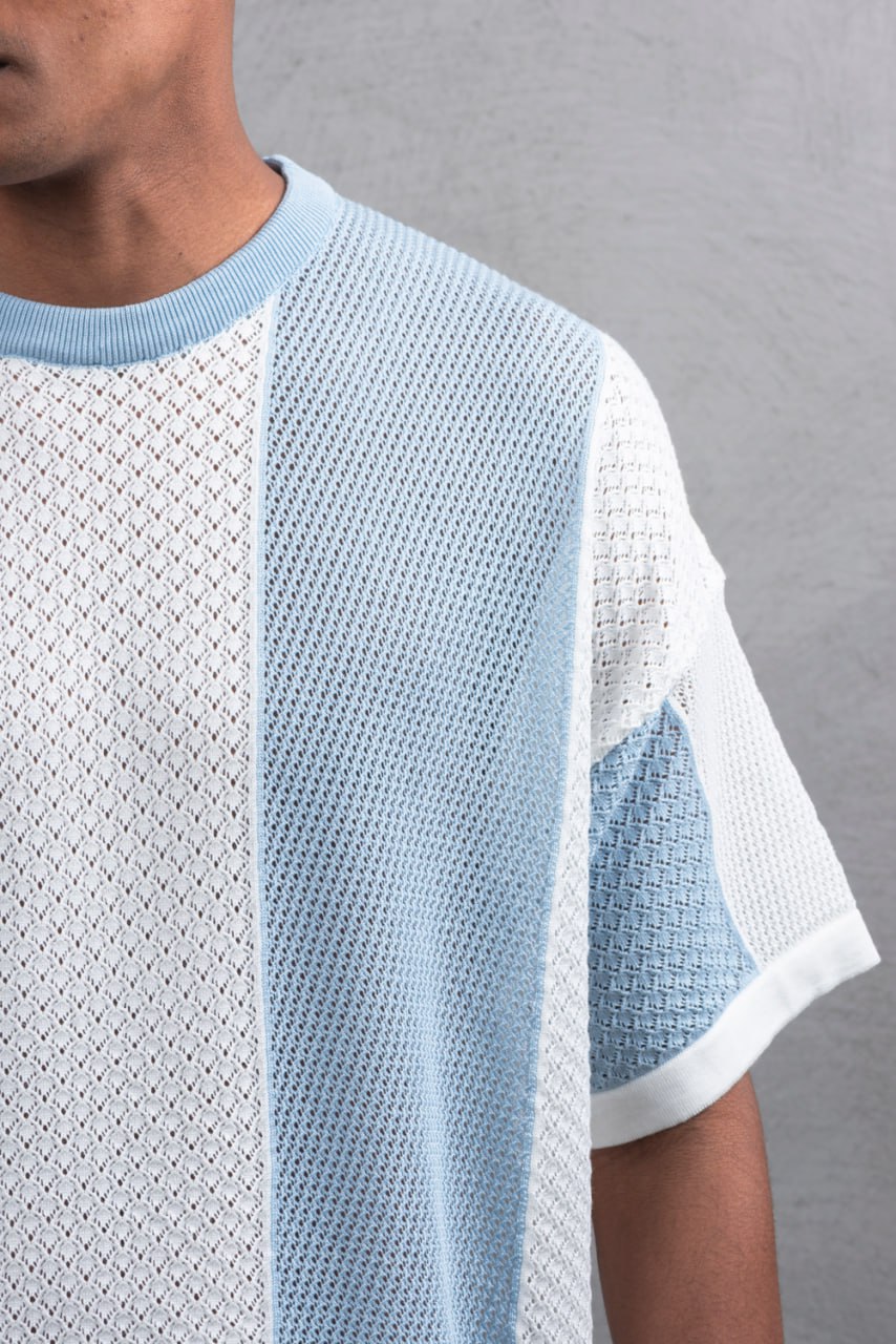 Oversize Textured Panel Cotton Tee – Vertical Striped Design