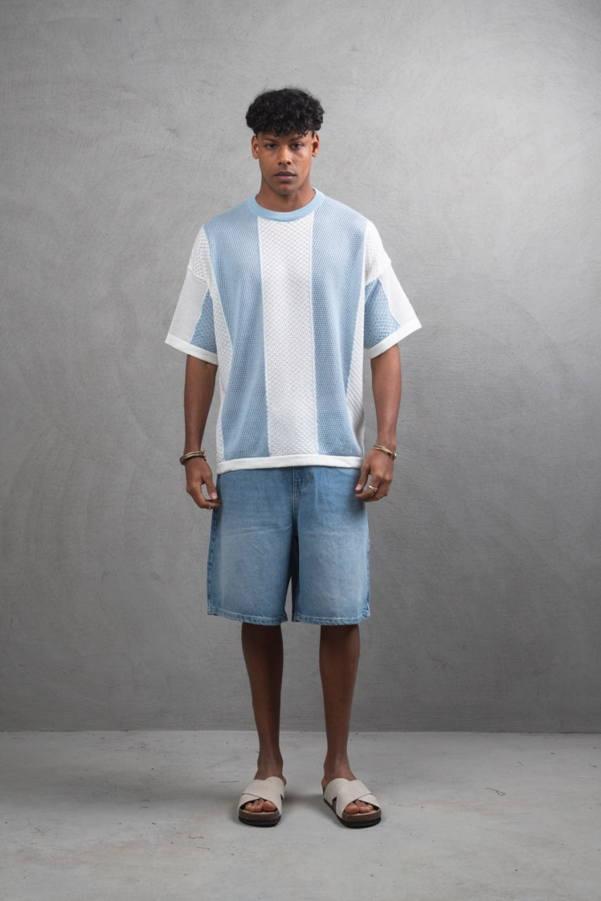 Oversize Textured Panel Cotton Tee – Vertical Striped Design