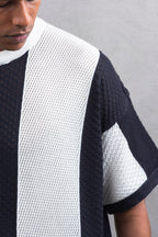 Oversize Textured Panel Cotton Tee – Vertical Striped Design