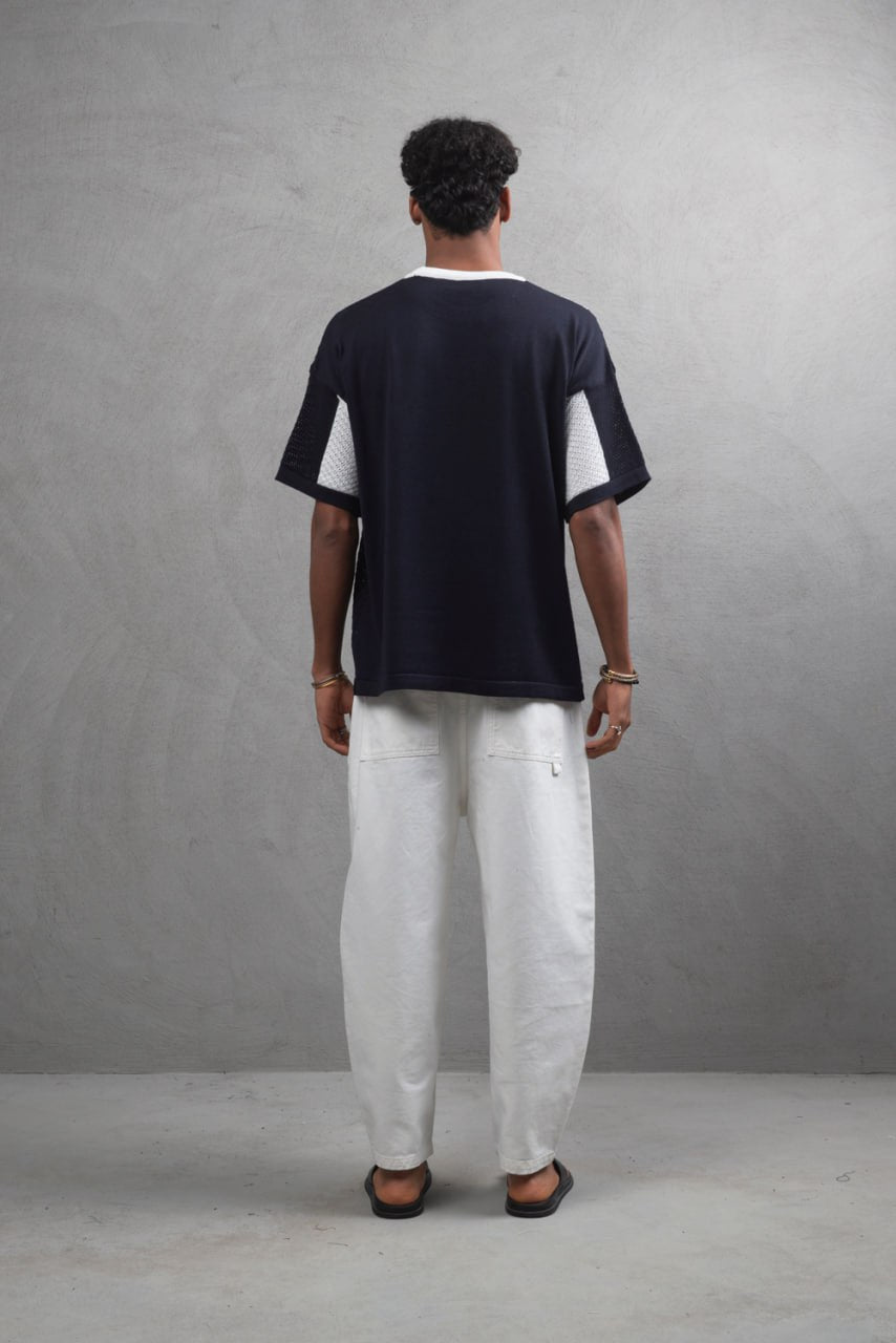 Oversize Textured Panel Cotton Tee – Vertical Striped Design