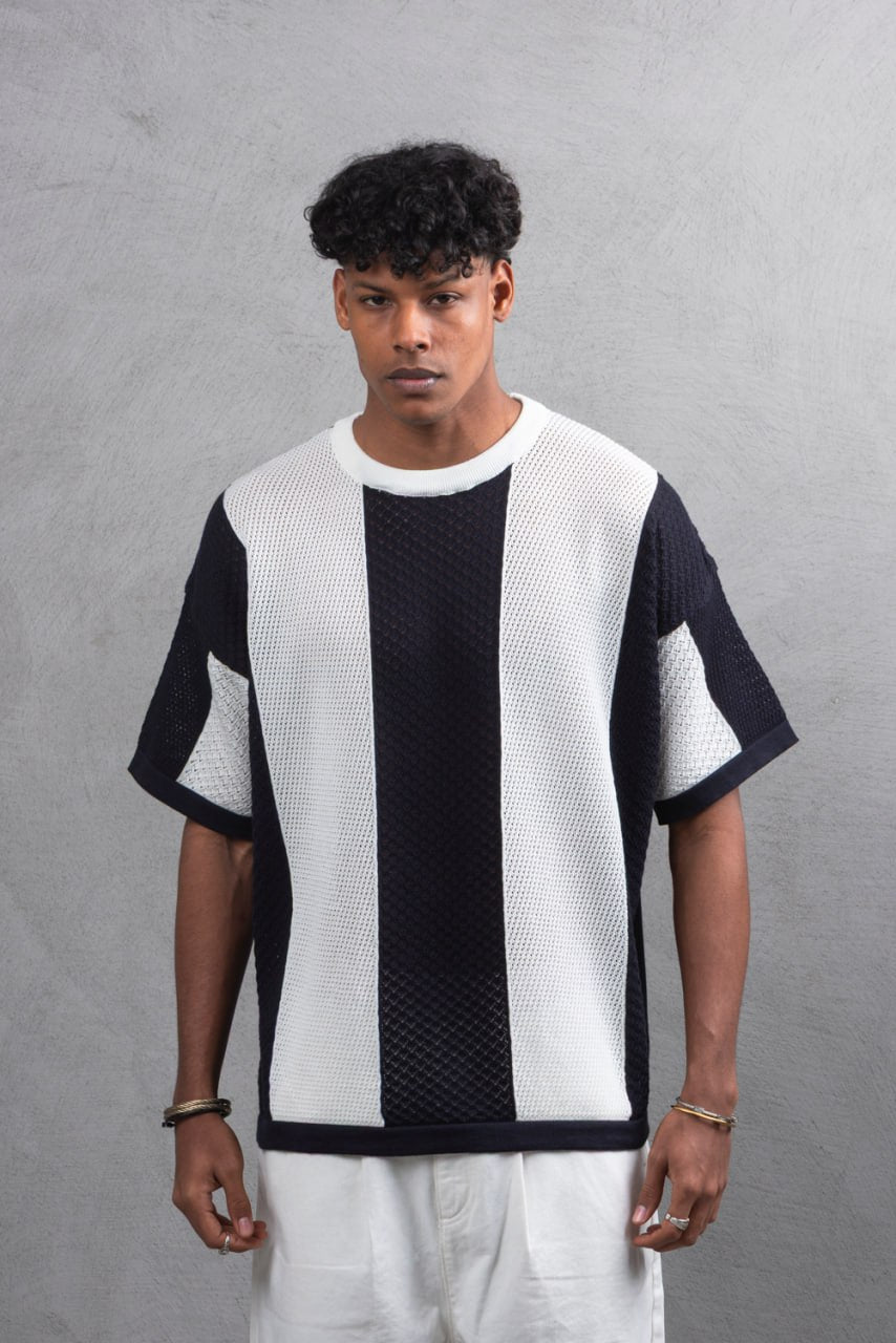 Oversize Textured Panel Cotton Tee – Vertical Striped Design
