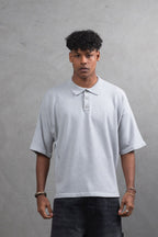 Oversize Textured Cotton Polo Tee – 3-Button Collar Relaxed Fit Shirt