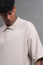 Oversize Textured Cotton Polo Tee – 3-Button Collar Relaxed Fit Shirt