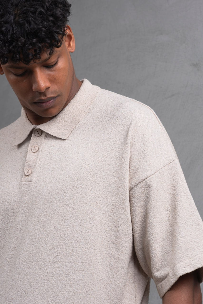 Oversize Textured Cotton Polo Tee – 3-Button Collar Relaxed Fit Shirt