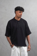 Oversize Textured Cotton Polo Tee – 3-Button Collar Relaxed Fit Shirt