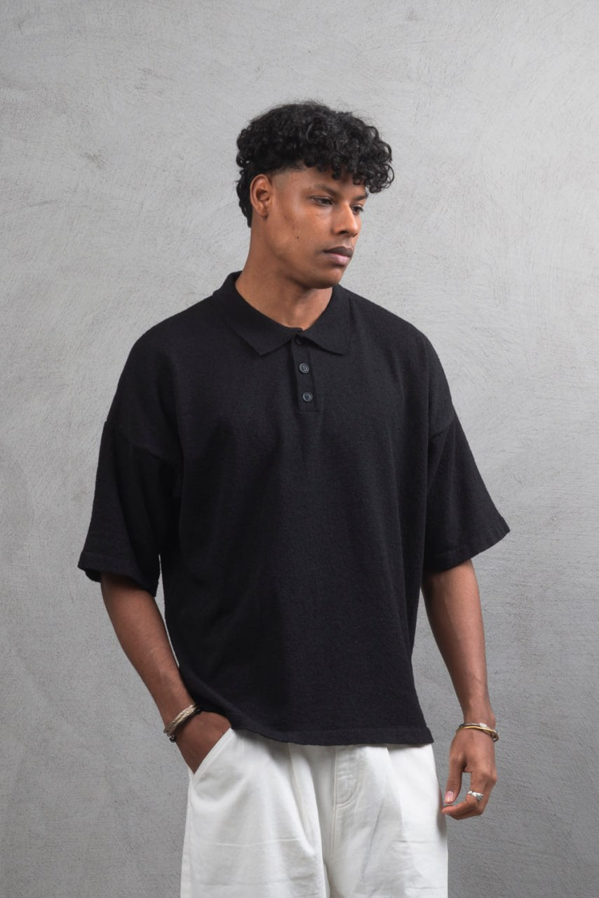 Oversize Textured Cotton Polo Tee – 3-Button Collar Relaxed Fit Shirt