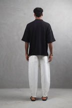 Oversize Textured Cotton Polo Tee – 3-Button Collar Relaxed Fit Shirt