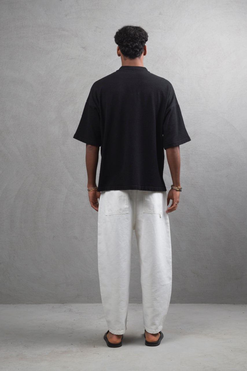 Oversize Textured Cotton Polo Tee – 3-Button Collar Relaxed Fit Shirt