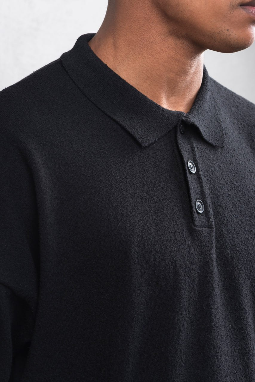 Oversize Textured Cotton Polo Tee – 3-Button Collar Relaxed Fit Shirt