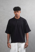 Oversize Textured Cotton Polo Tee – 3-Button Collar Relaxed Fit Shirt