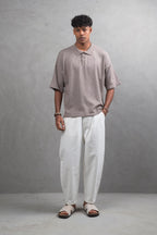 Oversize Textured Cotton Polo Tee – 3-Button Collar Relaxed Fit Shirt