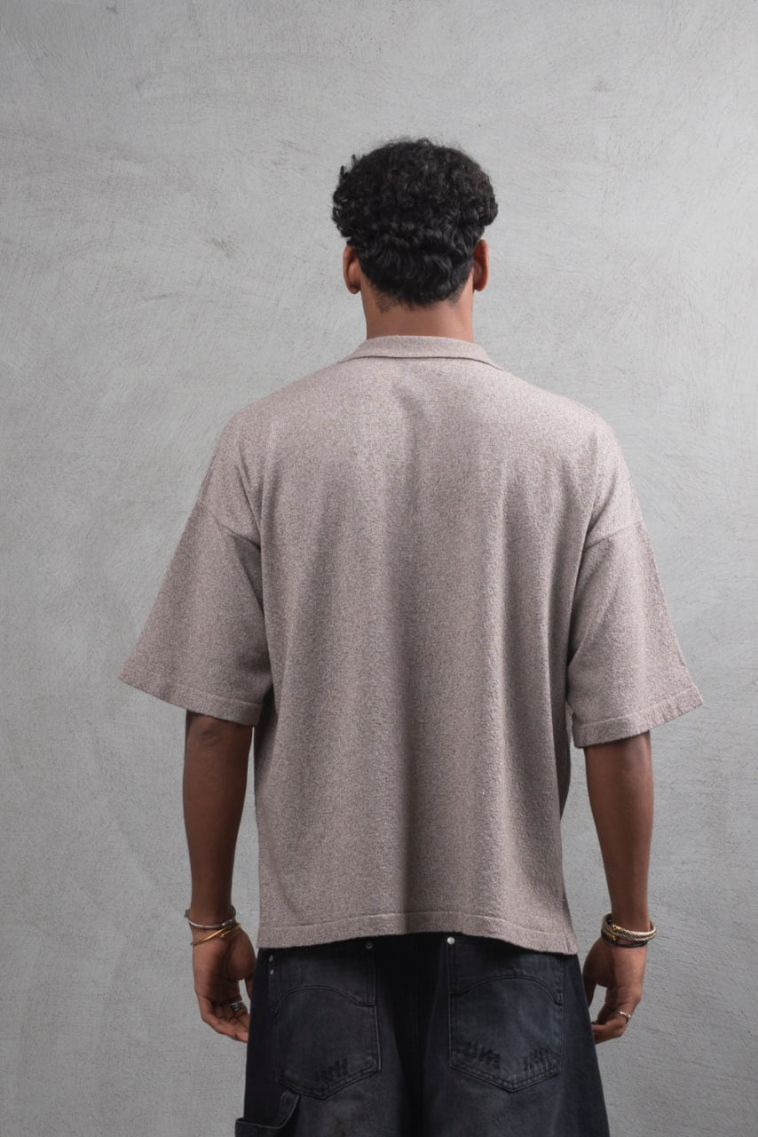 Oversize Textured Cotton Polo Tee – 3-Button Collar Relaxed Fit Shirt