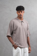 Oversize Textured Cotton Polo Tee – 3-Button Collar Relaxed Fit Shirt