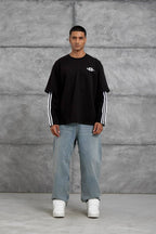 Oversized "404" Graphic T-Shirt – Layered Three-Stripe Long Sleeve