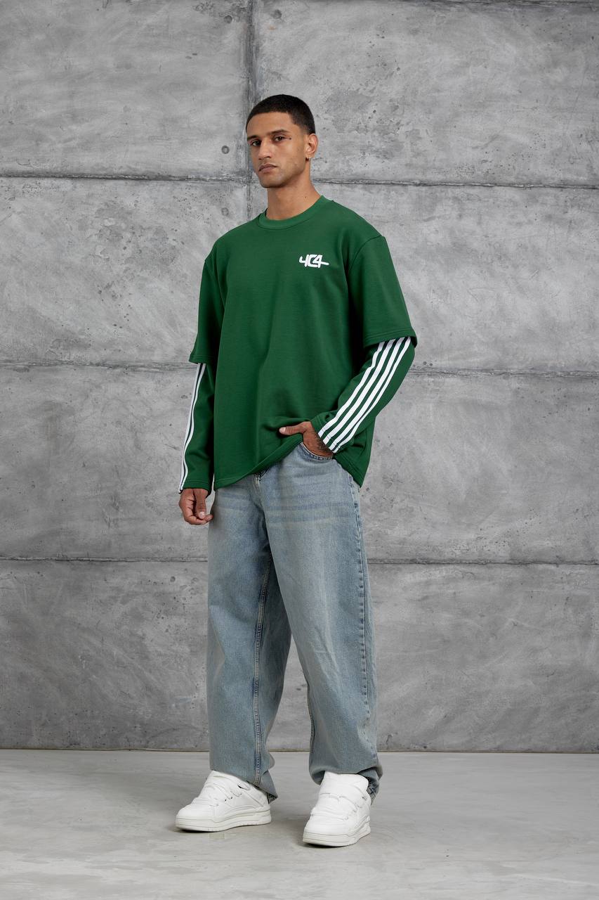 Oversized "404" Graphic T-Shirt – Layered Three-Stripe Long Sleeve