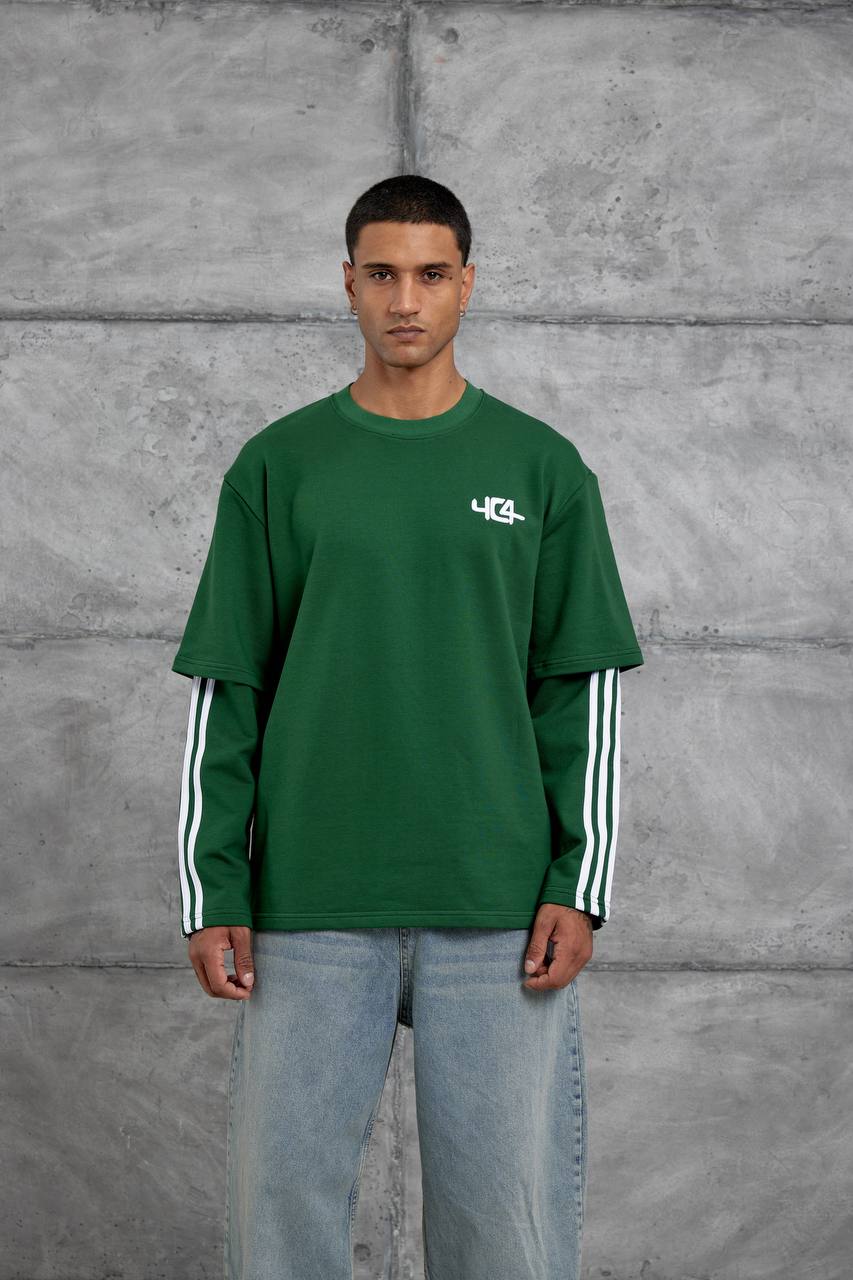 Oversized "404" Graphic T-Shirt – Layered Three-Stripe Long Sleeve