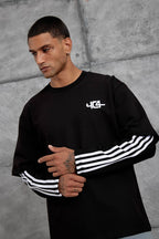 Oversized "404" Graphic T-Shirt – Layered Three-Stripe Long Sleeve