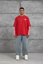 Oversized "404" Graphic T-Shirt – Layered Three-Stripe Long Sleeve