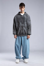 Oversized Art Print Zip-Up Hoodie - Vintage Washed Full-Zip Sweatshirt