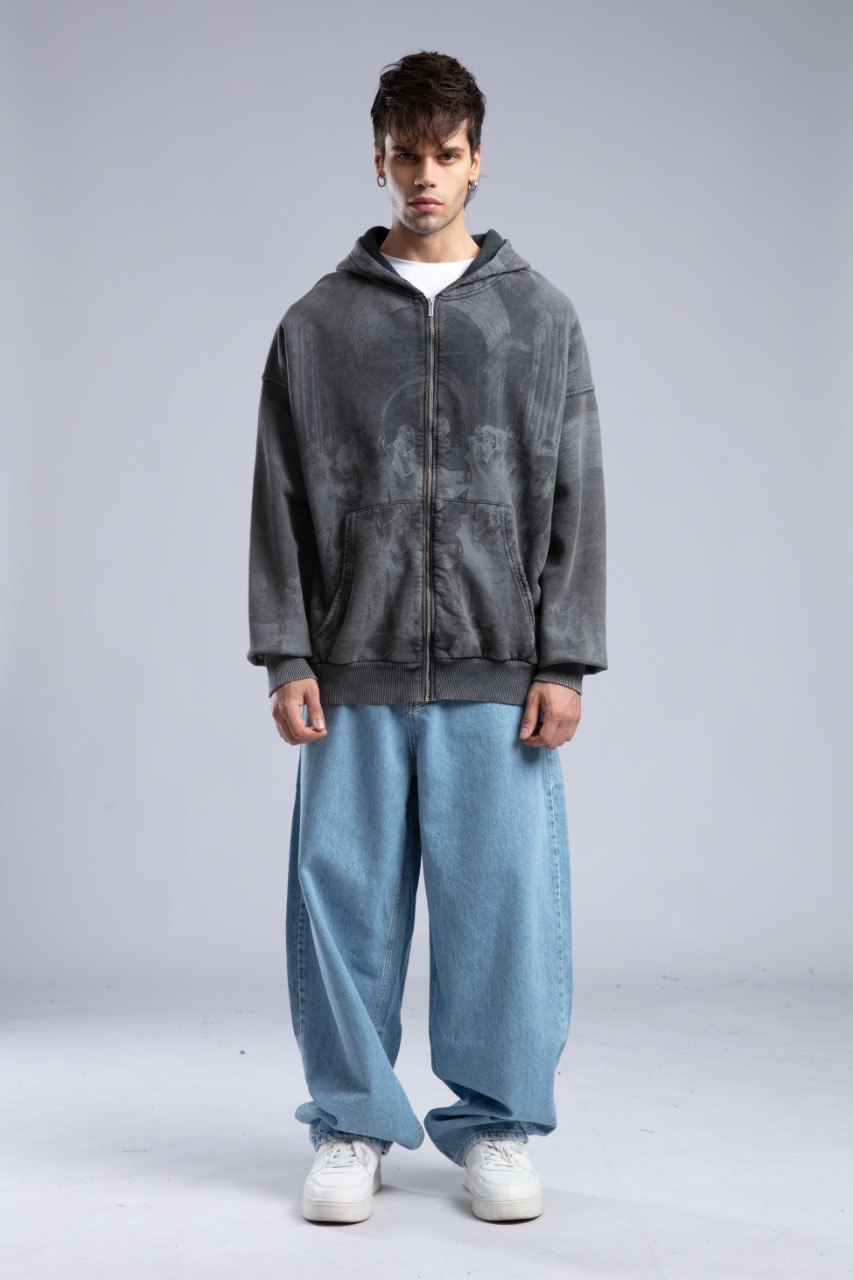 Oversized Art Print Zip-Up Hoodie - Vintage Washed Full-Zip Sweatshirt