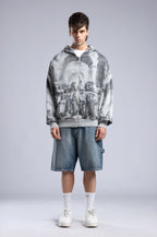 Oversized Art Print Zip-Up Hoodie - Vintage Washed Full-Zip Sweatshirt