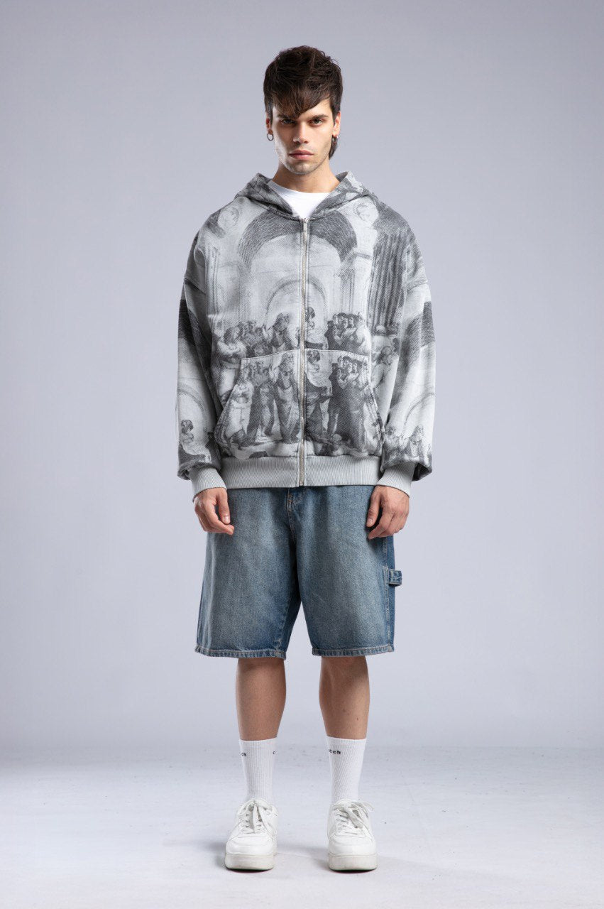 Oversized Art Print Zip-Up Hoodie - Vintage Washed Full-Zip Sweatshirt