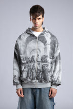 Oversized Art Print Zip-Up Hoodie - Vintage Washed Full-Zip Sweatshirt