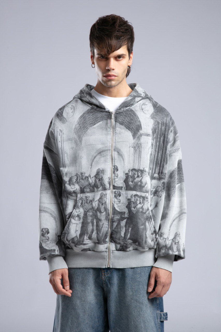 Oversized Art Print Zip-Up Hoodie - Vintage Washed Full-Zip Sweatshirt
