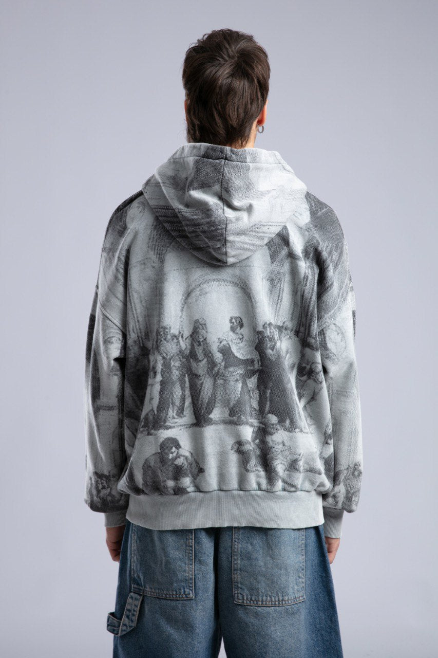 Oversized Art Print Zip-Up Hoodie - Vintage Washed Full-Zip Sweatshirt