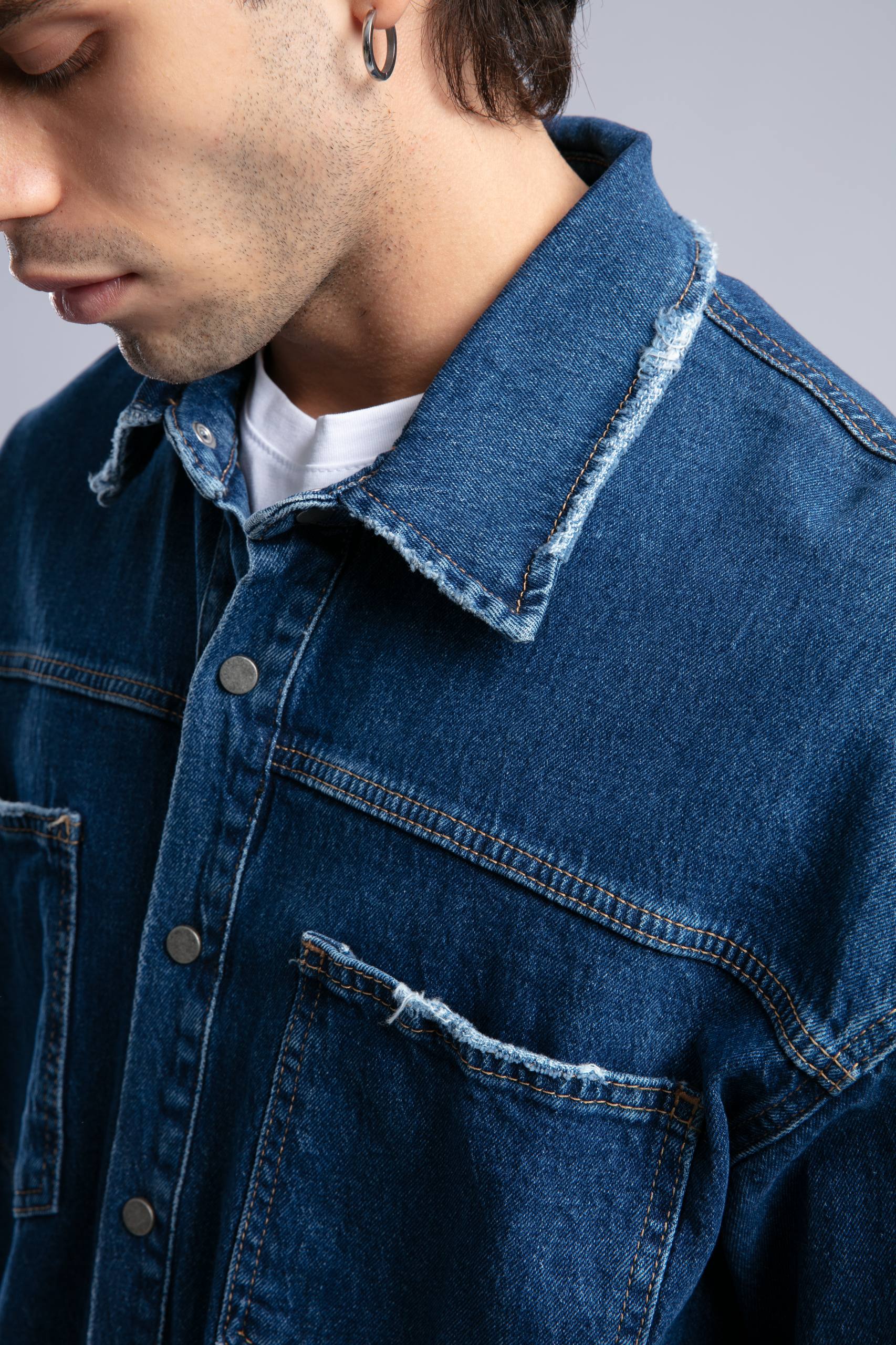 Oversized Distressed Denim Shirt - Unisex Button-Up Jacket