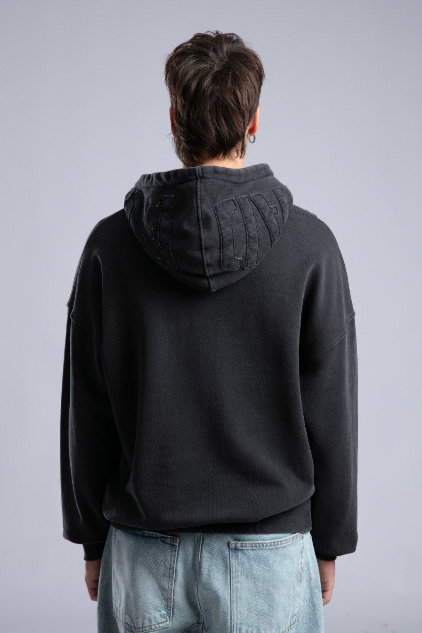 Oversized Distressed Hoodie with 'CATCH' Hood Graphic