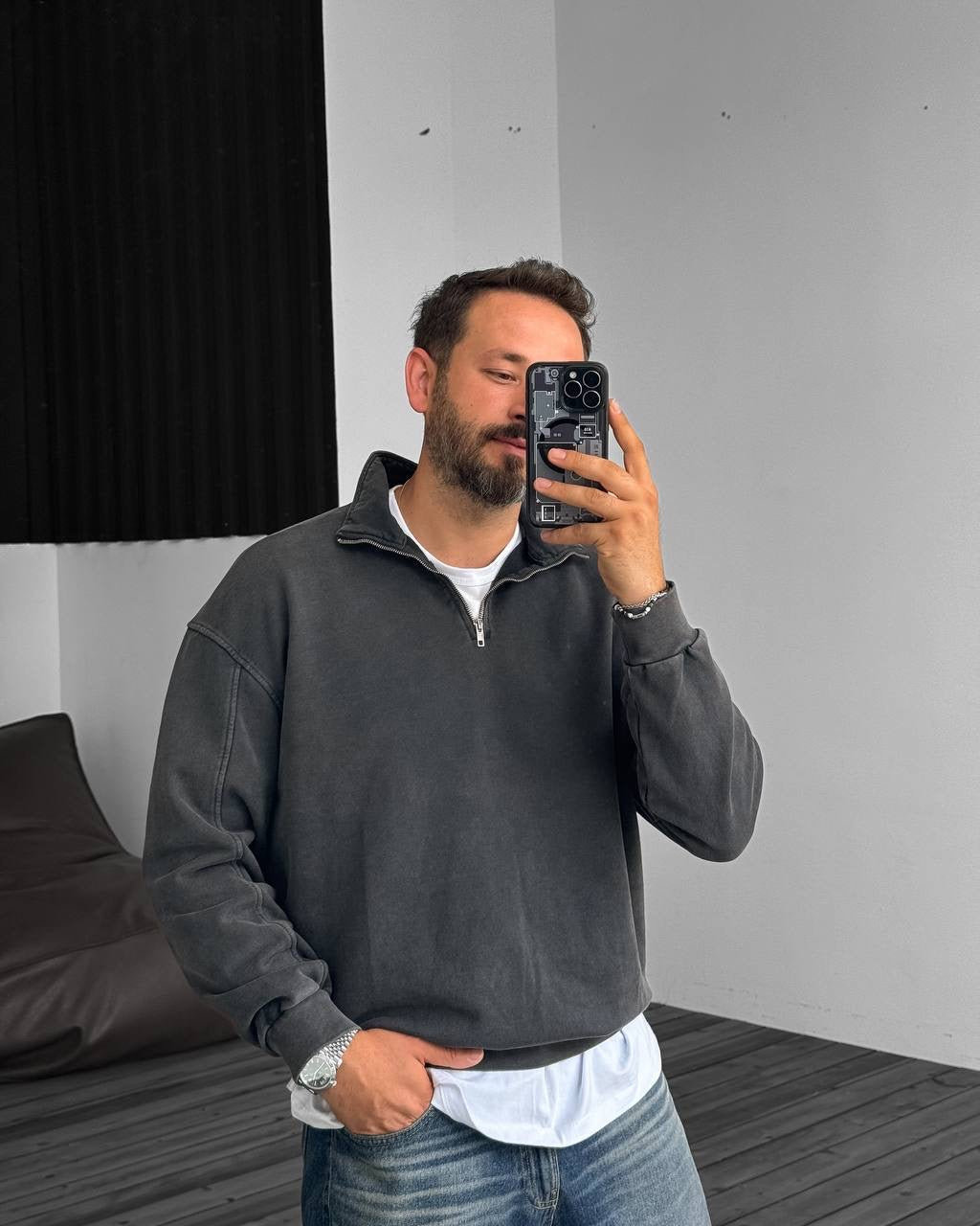 Oversized Zip-Neck Sweatshirt