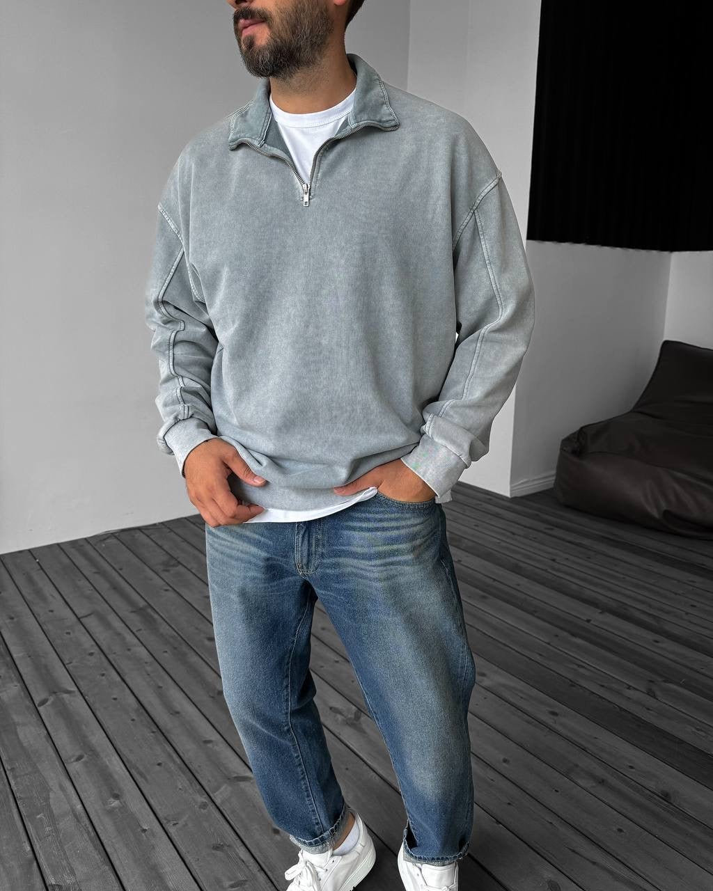 Oversized Zip-Neck Sweatshirt