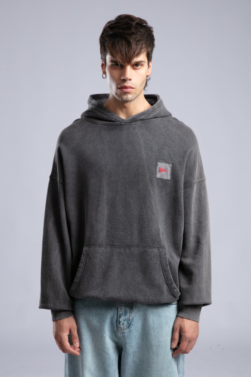 Oversized '8' Plaid Patch Hoodie - Vintage Washed Pullover