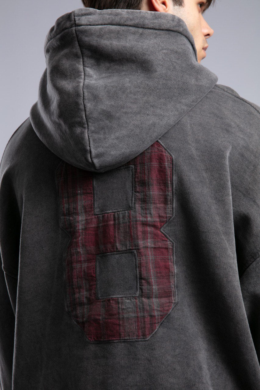 Oversized '8' Plaid Patch Hoodie - Vintage Washed Pullover