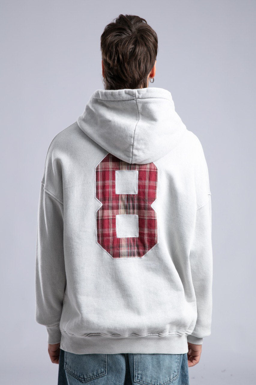 Oversized '8' Plaid Patch Hoodie - Vintage Washed Pullover