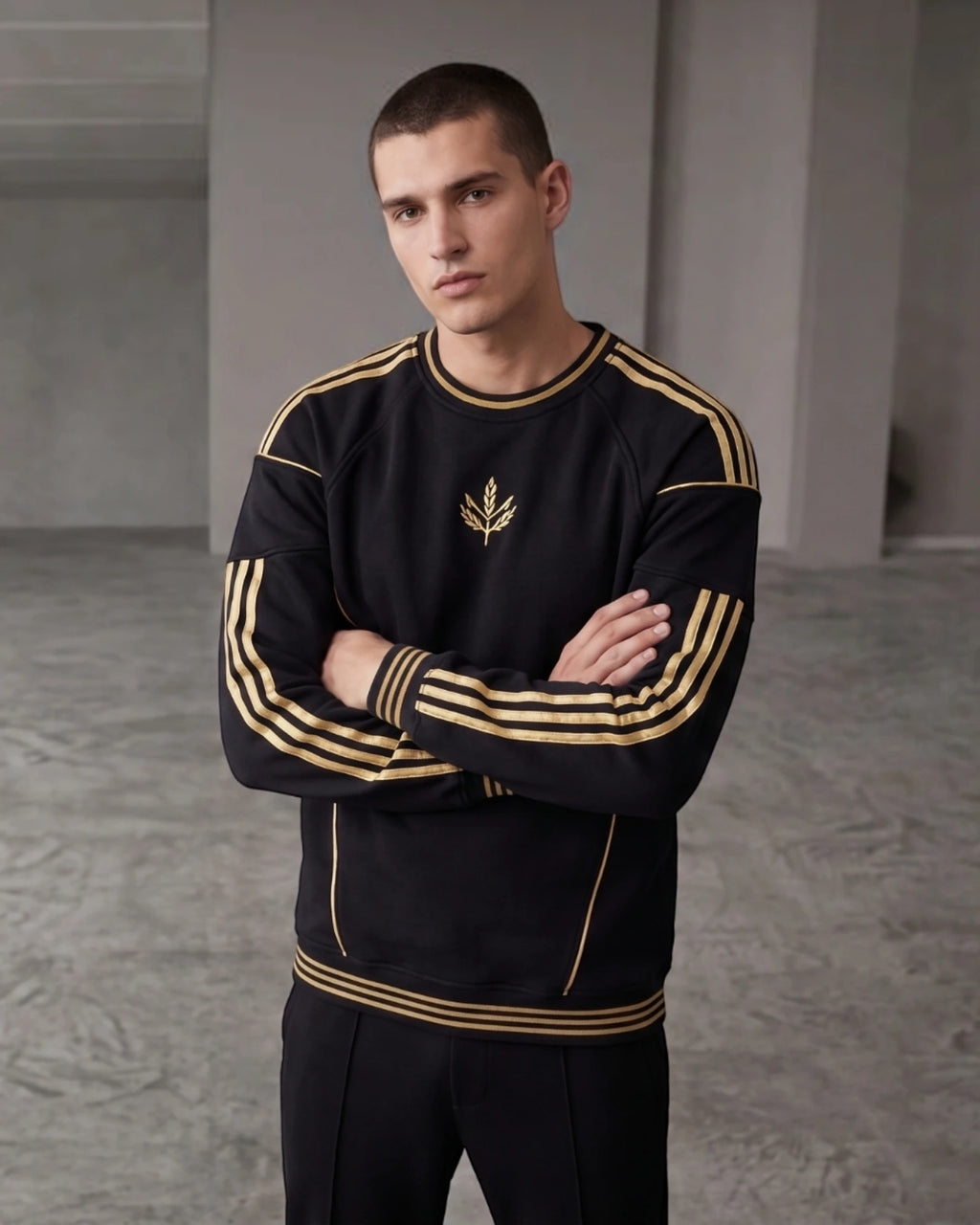 Black and gold stripe embroidered crewneck sweatshirt, front view with gold laurel emblem