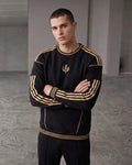 Black and gold stripe embroidered crewneck sweatshirt, front view with gold laurel emblem