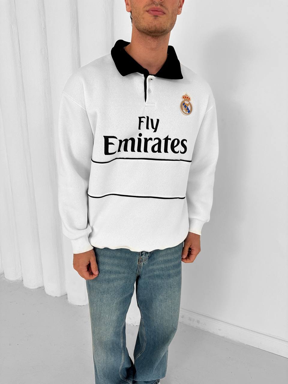 White Real Madrid Fly Emirates retro rugby polo with crest embroidery – Withinblack