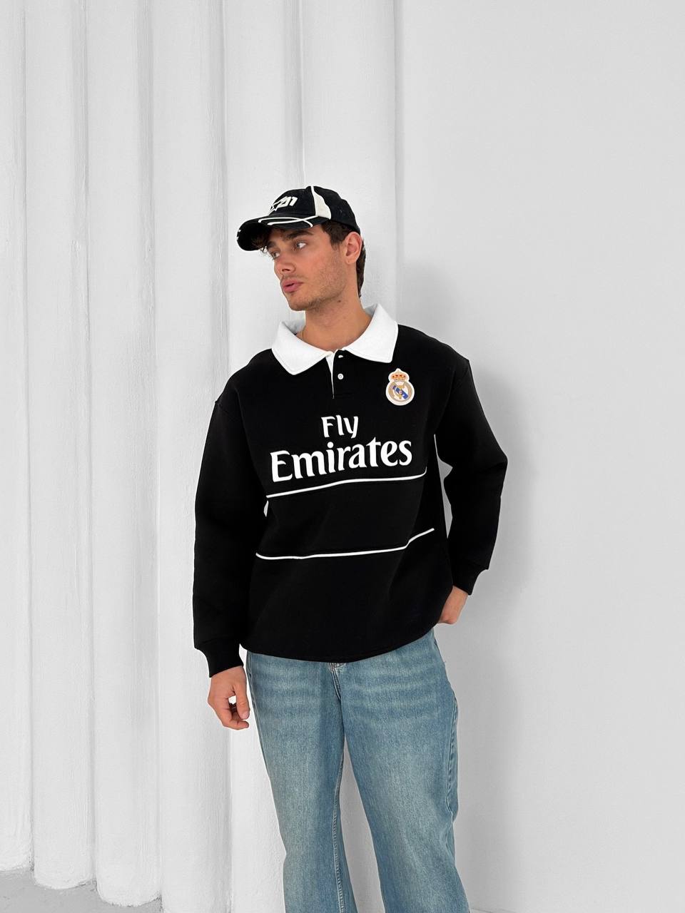 Black Real Madrid oversized rugby polo shirt with Fly Emirates sponsor – Withinblack