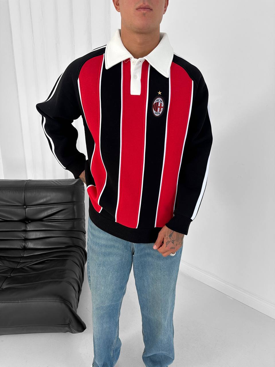 AC Milan Retro Padded Stripe Polo Sweatshirt