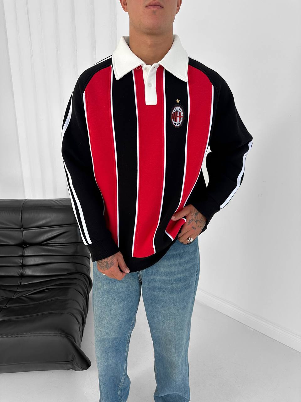 AC Milan Retro Padded Stripe Polo Sweatshirt