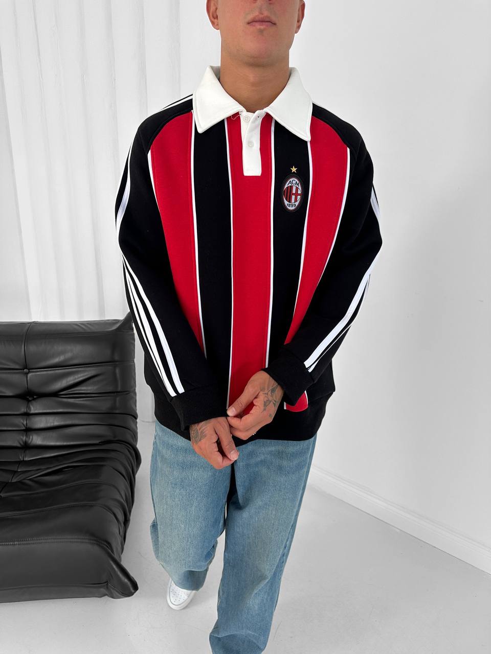 AC Milan Retro Padded Stripe Polo Sweatshirt