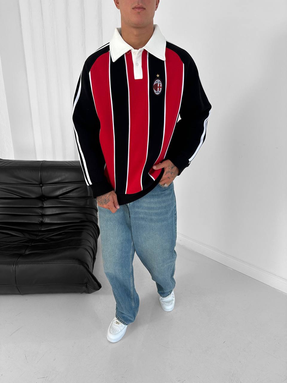 AC Milan Retro Padded Stripe Polo Sweatshirt